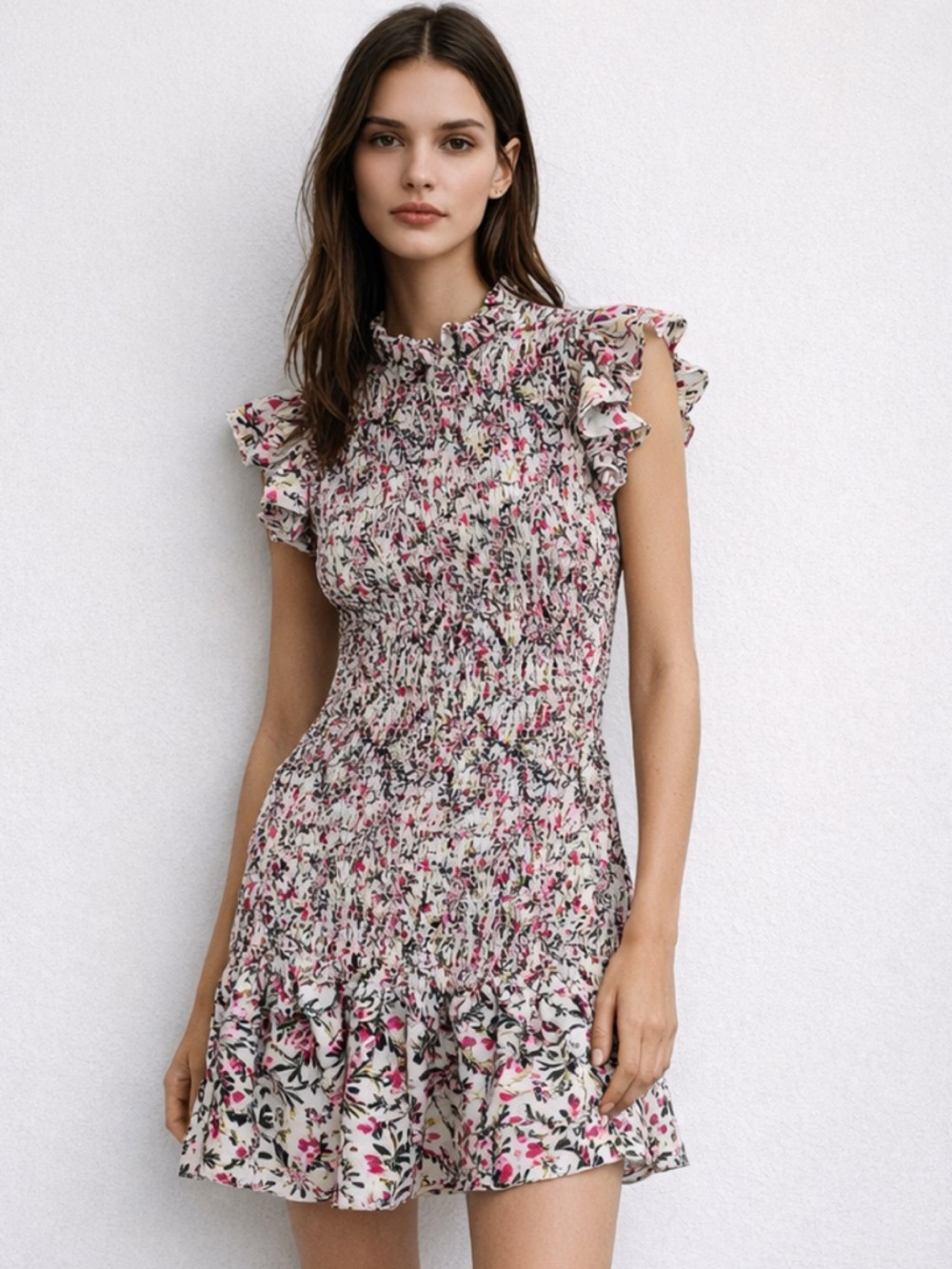French Connection Elao Verona Printed Smocked Ruffle Dress in Pink - Picture 1 of 8